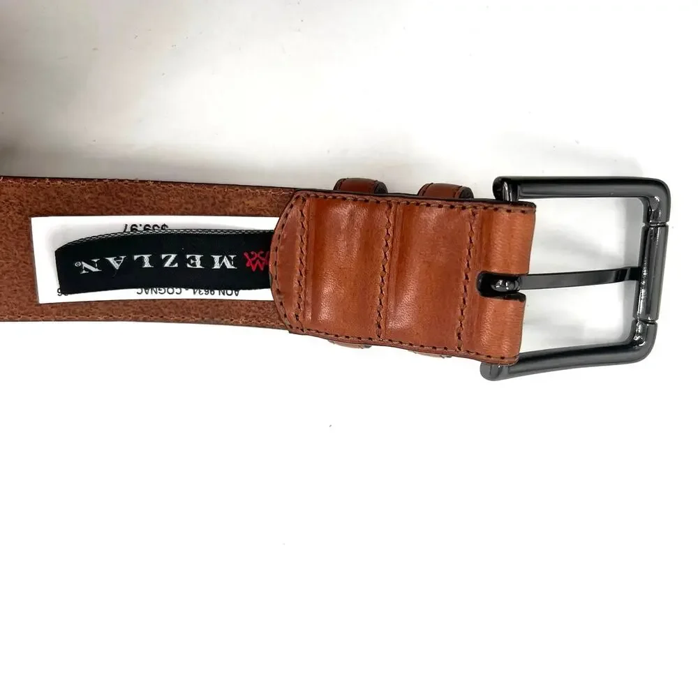 Mezlan men’s leather pewter square buckle cognac belt